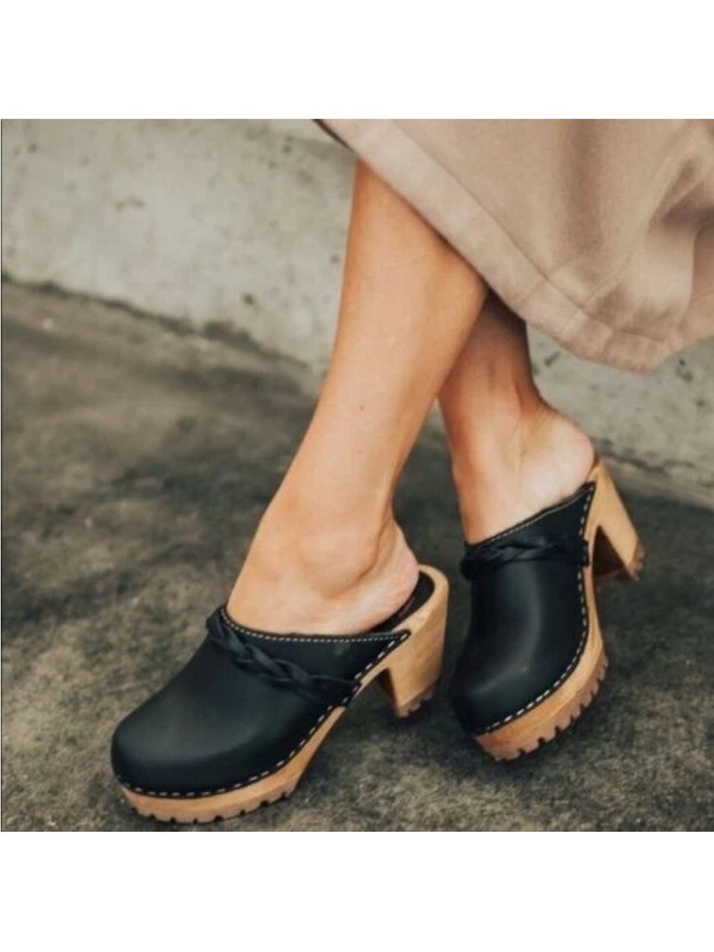 MIA Elsa Swedish black leather clogs platform heel braided band - size 40